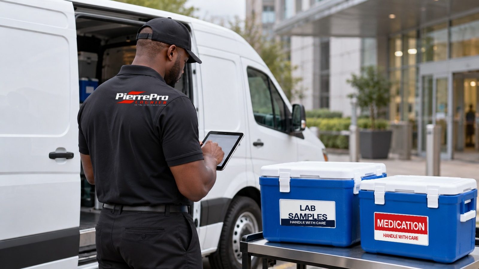 PierrePro Courier team member checking a delivery tablet beside a branded van and medical transport coolers labeled Lab Samples and Medication